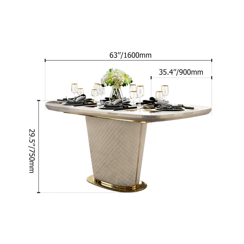 Modern 63" Marble Rectangular Pedestal Dining Table PU Leather & Stainless Steel in Gold