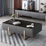 Modern Coffee Table with Storage Balck Stone Top & Gold Stainless Steel Trestle-Coffee Tables,Furniture,Living Room Furniture