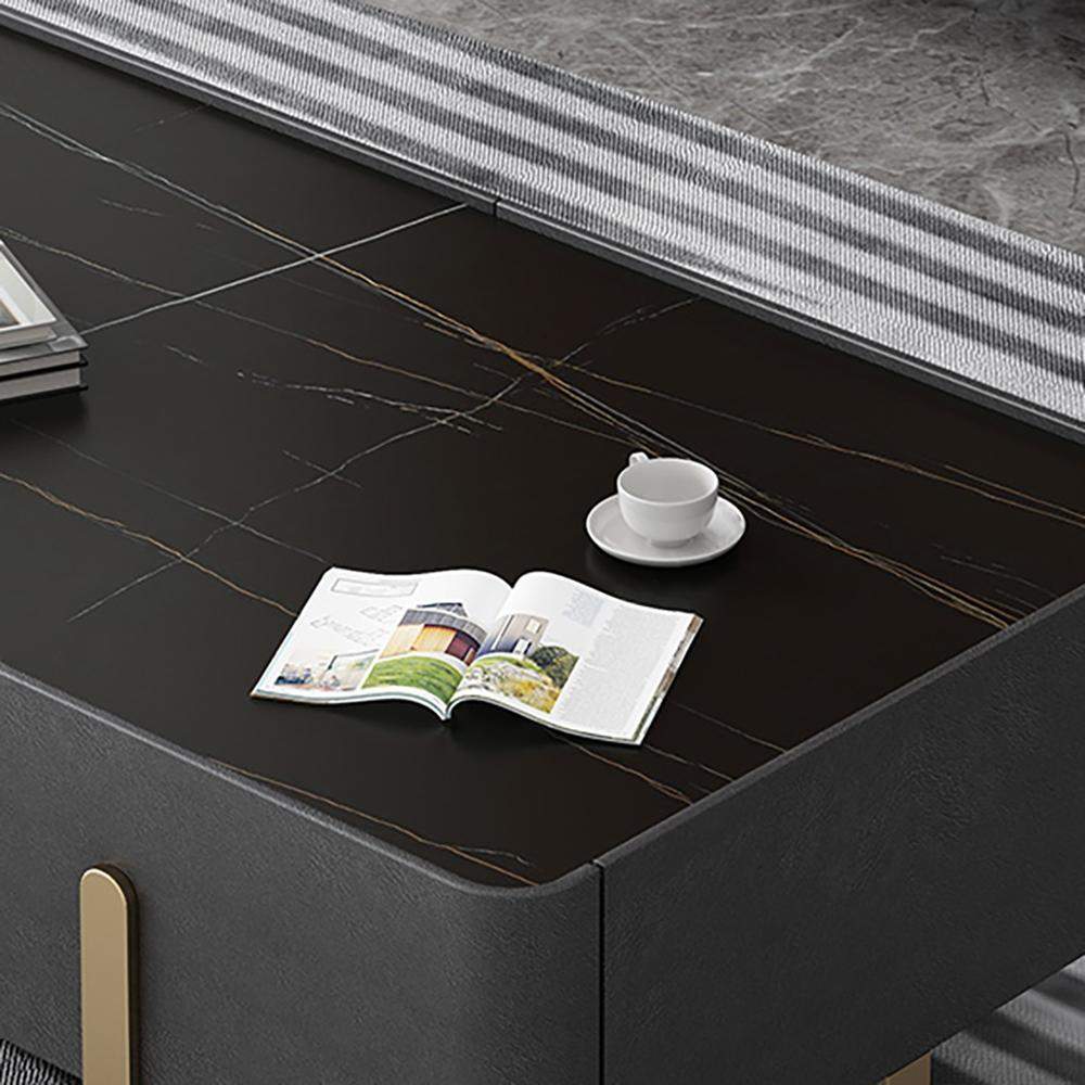 Modern Coffee Table with Storage Balck Stone Top & Gold Stainless Steel Trestle-Coffee Tables,Furniture,Living Room Furniture