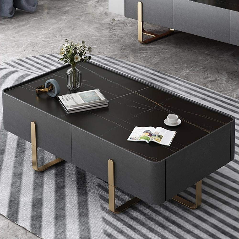 Modern Coffee Table with Storage Balck Stone Top & Gold Stainless Steel Trestle-Coffee Tables,Furniture,Living Room Furniture