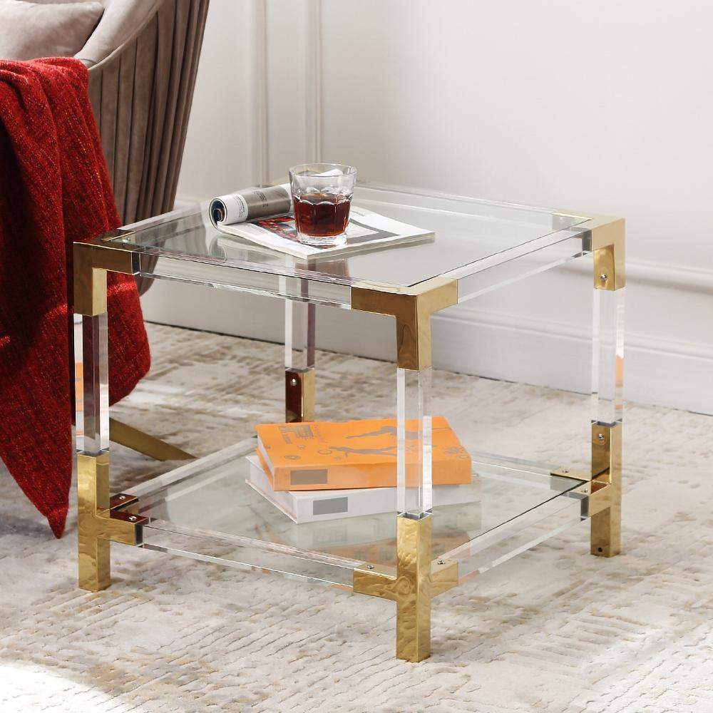 Gold and Clear Acrylic Storage End Table Square with Shelf-Richsoul-End & Side Tables,Furniture,Living Room Furniture
