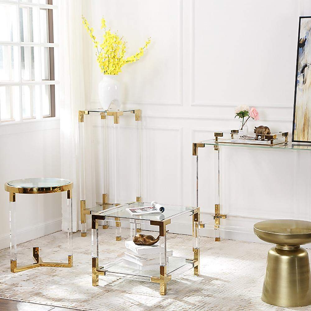 Gold and Clear Acrylic Storage End Table Square with Shelf-Richsoul-End & Side Tables,Furniture,Living Room Furniture