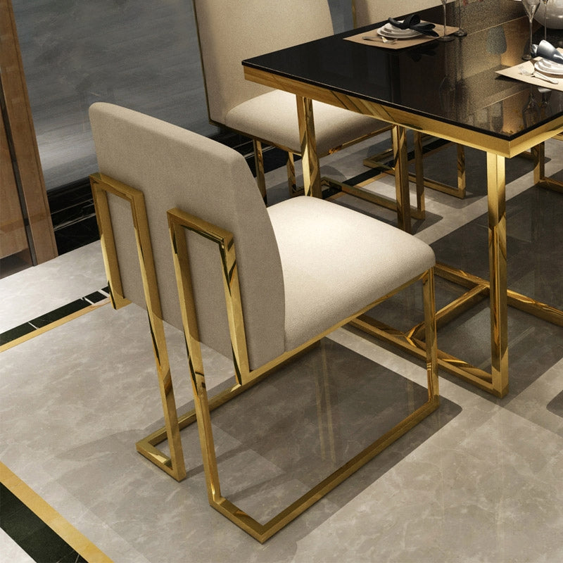 Modern Linen Dining Chair Upholstered in White Stainless Steel Leg Gold Set of 2