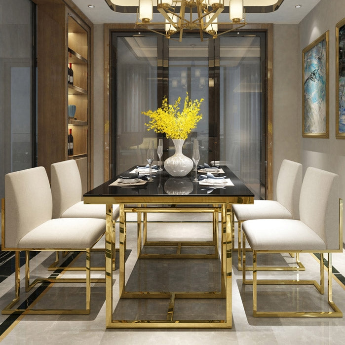 Modern Linen Dining Chair Upholstered in White Stainless Steel Leg Gold Set of 2