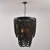 Rustic Farmhouse Dark Brown Wooden Draped Bead 3-Light Chandelier
