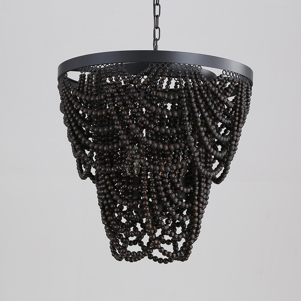Rustic Farmhouse Dark Brown Wooden Draped Bead 3-Light Chandelier