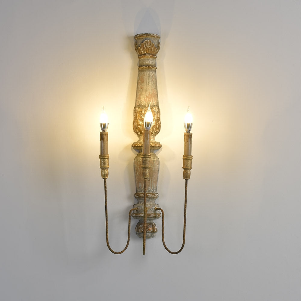 Farmhouse Rustic 3-Light Distressed Carved Wood Candle Wall Sconce Rust Metal