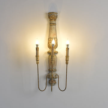 Farmhouse Rustic 3-Light Distressed Carved Wood Candle Wall Sconce Rust Metal