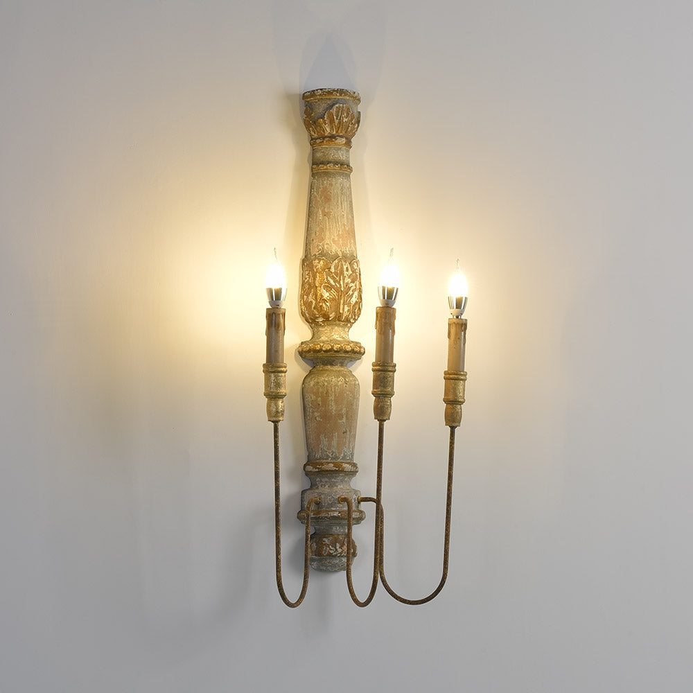 Farmhouse Rustic 3-Light Distressed Carved Wood Candle Wall Sconce Rust Metal