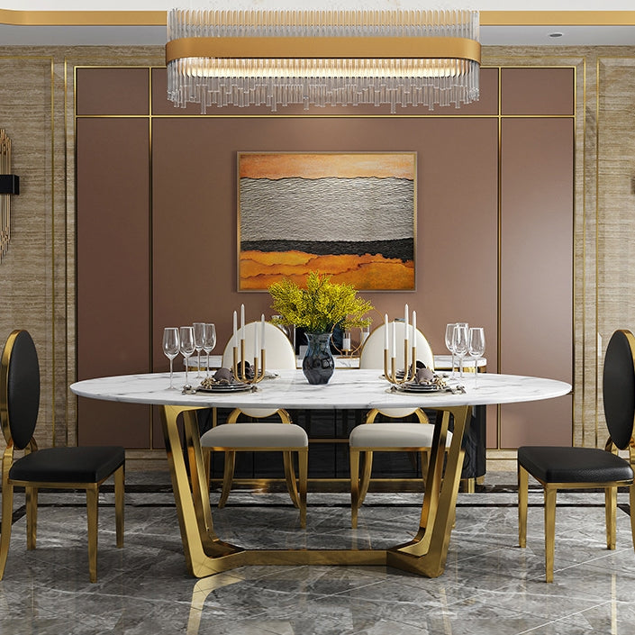 Oval Dining Table White Faux Marble Dining Table Modern 63" Dining Table with Gold Frame