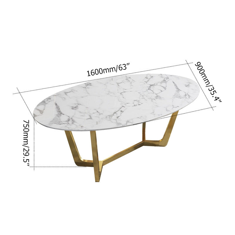 Oval Dining Table White Faux Marble Dining Table Modern 63" Dining Table with Gold Frame