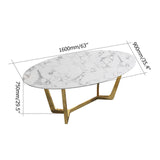 Oval Dining Table White Faux Marble Dining Table Modern 63" Dining Table with Gold Frame