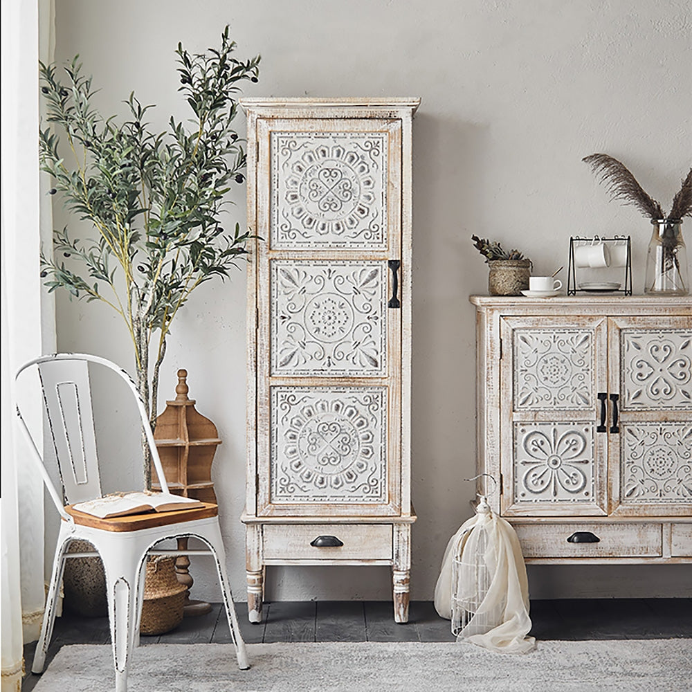 Wood Tall Storage Cabinet with Door Distressed White Rustic