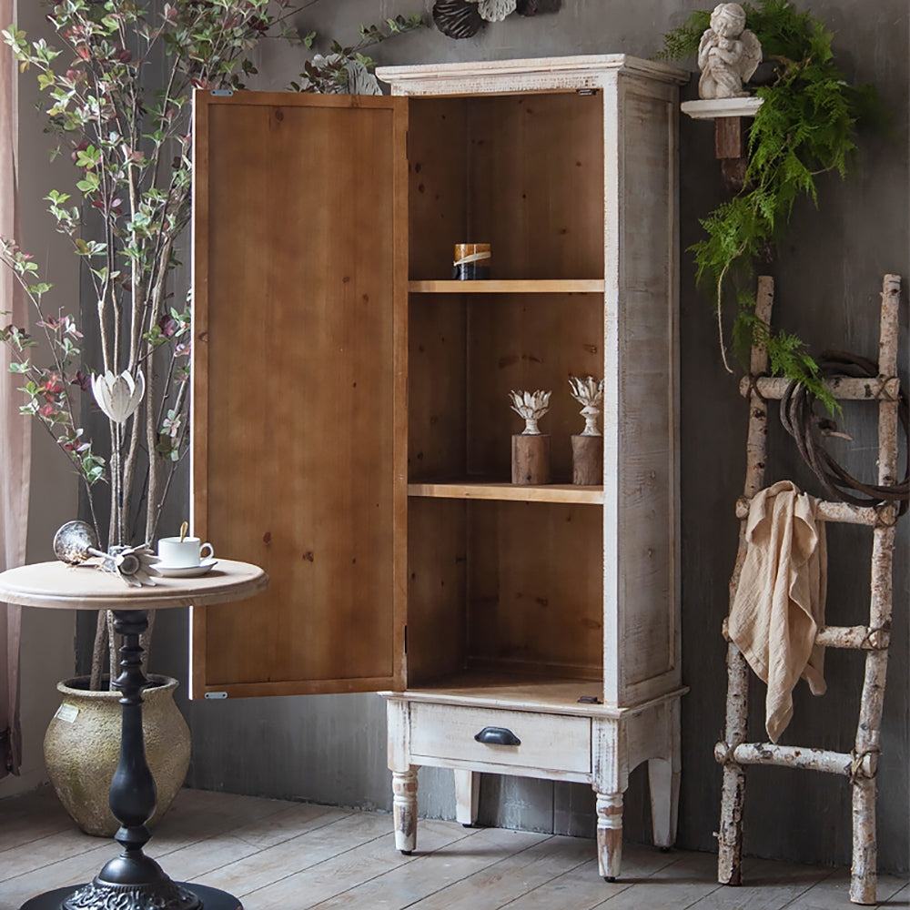 Wood Tall Storage Cabinet with Door Distressed White Rustic
