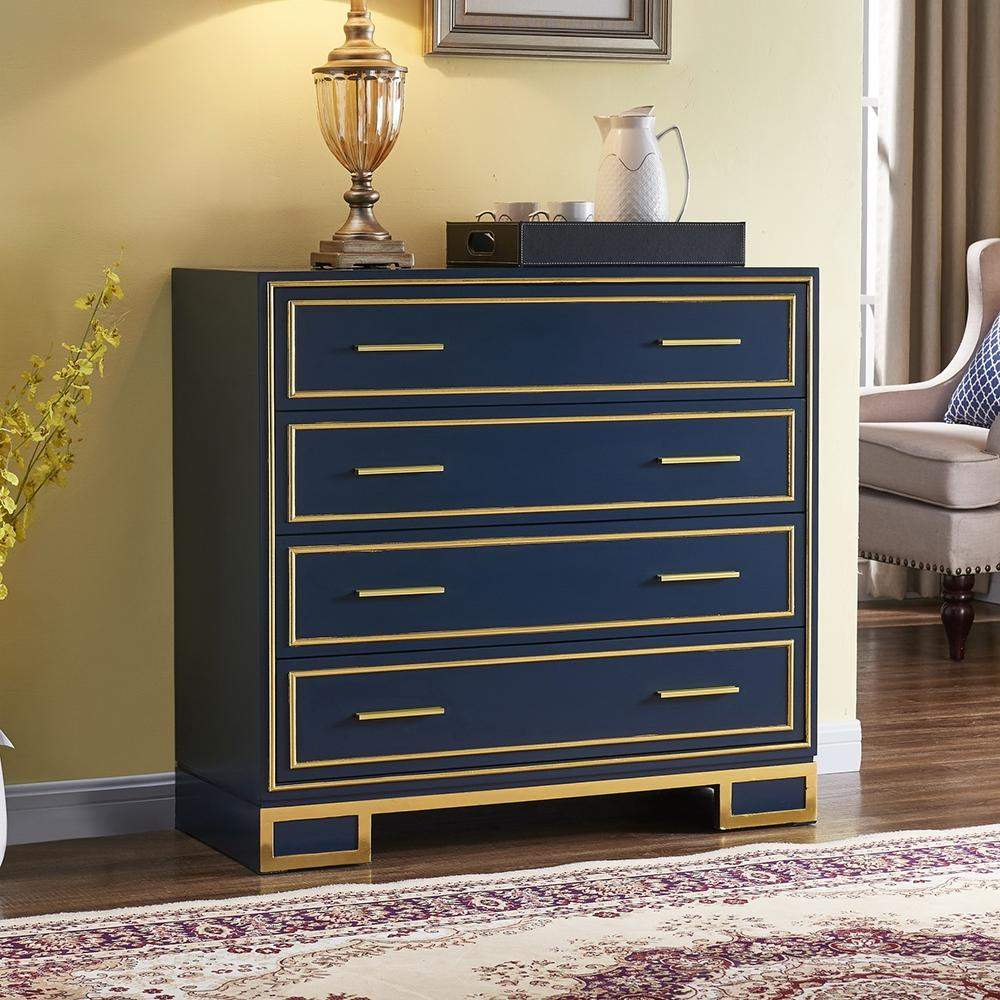 Modern Luxury Blue Cabinet Gold Painted Rims 4-Drawer Accent Chest-Richsoul-Cabinets & Chests,Furniture,Living Room Furniture