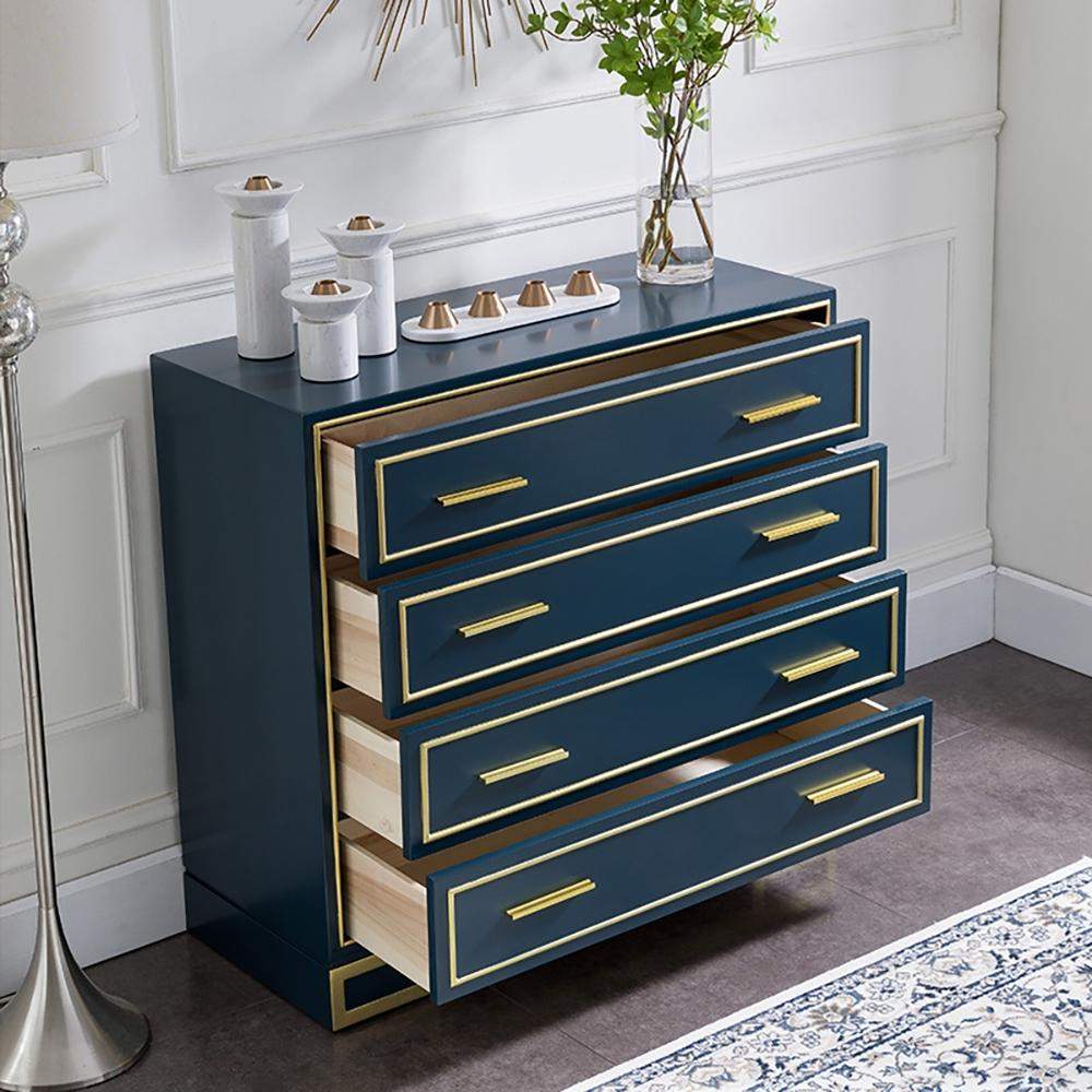 Modern Luxury Blue Cabinet Gold Painted Rims 4-Drawer Accent Chest-Richsoul-Cabinets & Chests,Furniture,Living Room Furniture