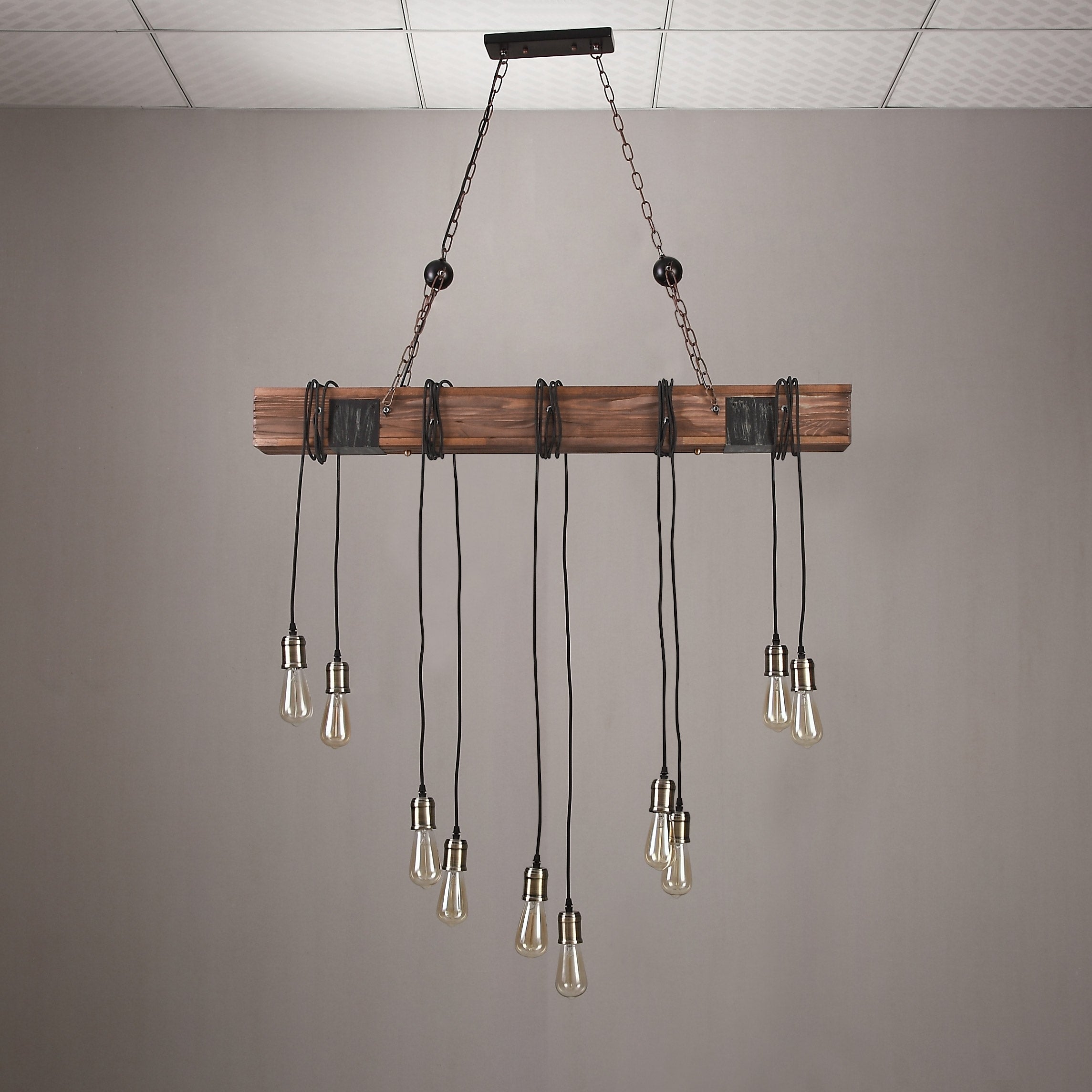 Farmhouse Style Dark Distressed Wood Beam Large Linear Island Pendant Light