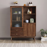 Sideboard aus Nussbaum, Glastür mit Schubladen und verstellbaren Regalen, Kiefernholz