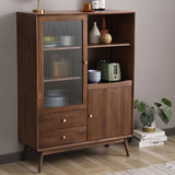 Walnut Sideboard Cabinet Glass Door with Drawers & Adjustable Shelves Pine Wood
