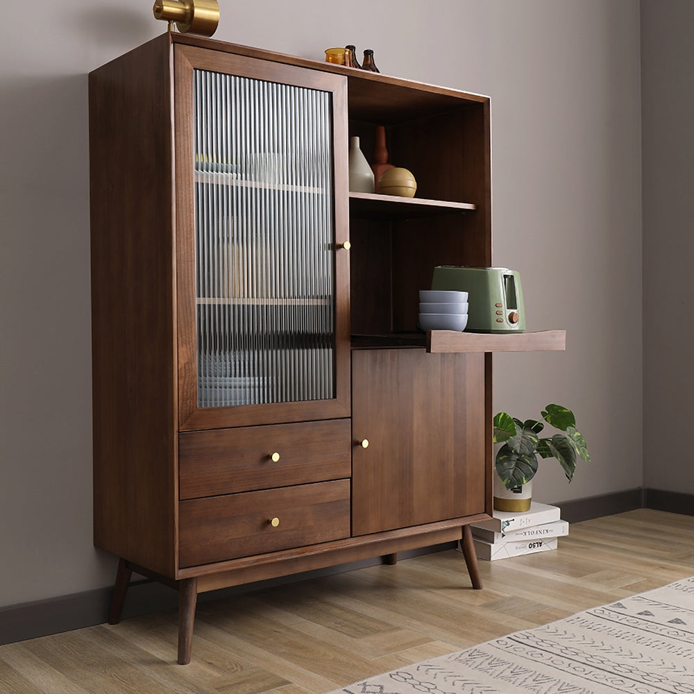 Walnut Sideboard Cabinet Glass Door with Drawers & Adjustable Shelves Pine Wood