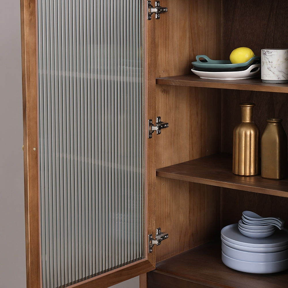 Walnut Sideboard Cabinet Glass Door with Drawers & Adjustable Shelves Pine Wood
