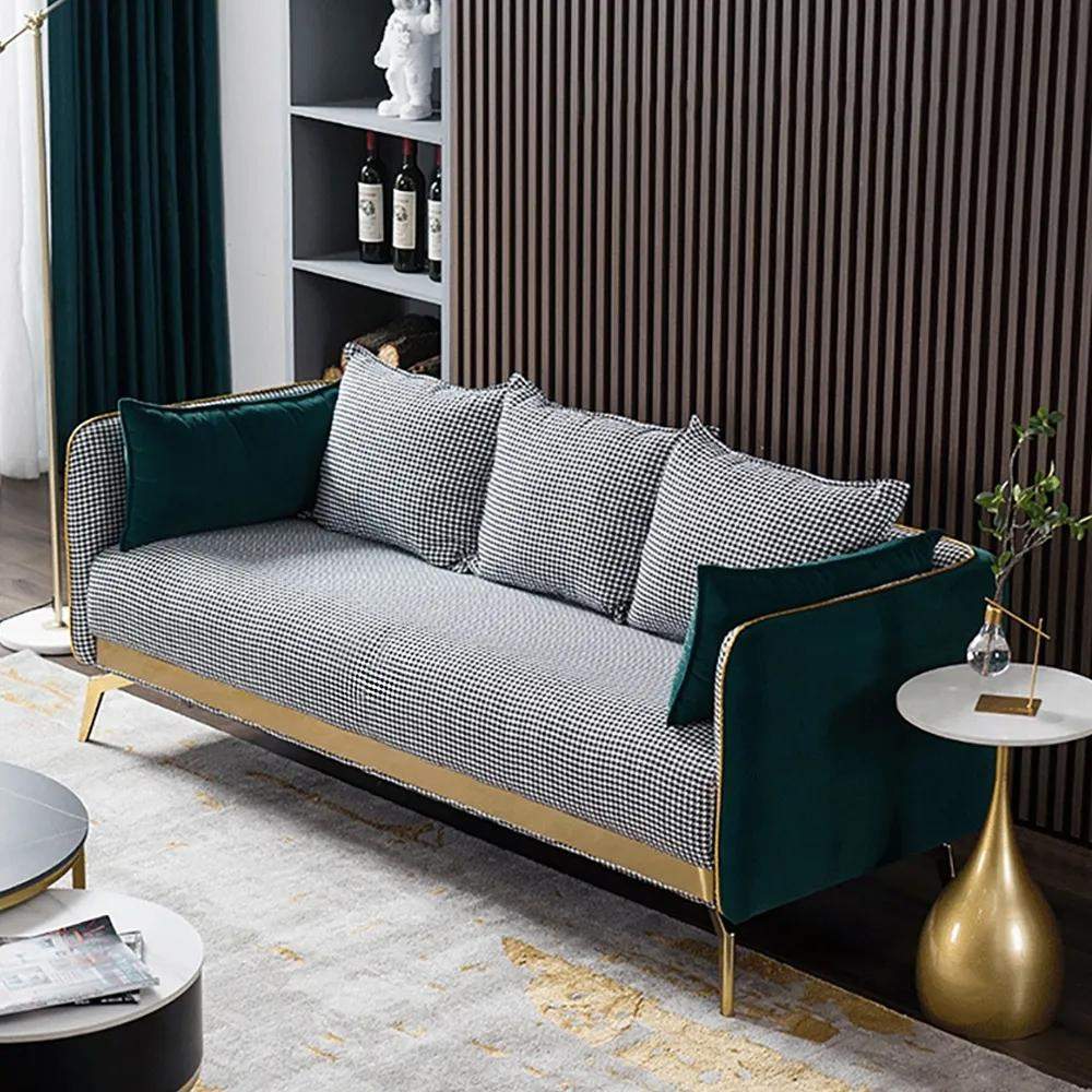 78.7" Modern Houndstooth Upholstered Sofa 3-Seater Green Velvet Sofa-Furniture,Living Room Furniture,Sofas & Loveseats