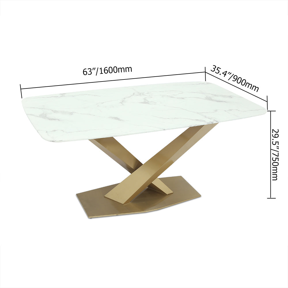 63" Modern White Marble Rectangular Dining Table with Stainless Steel X-Base