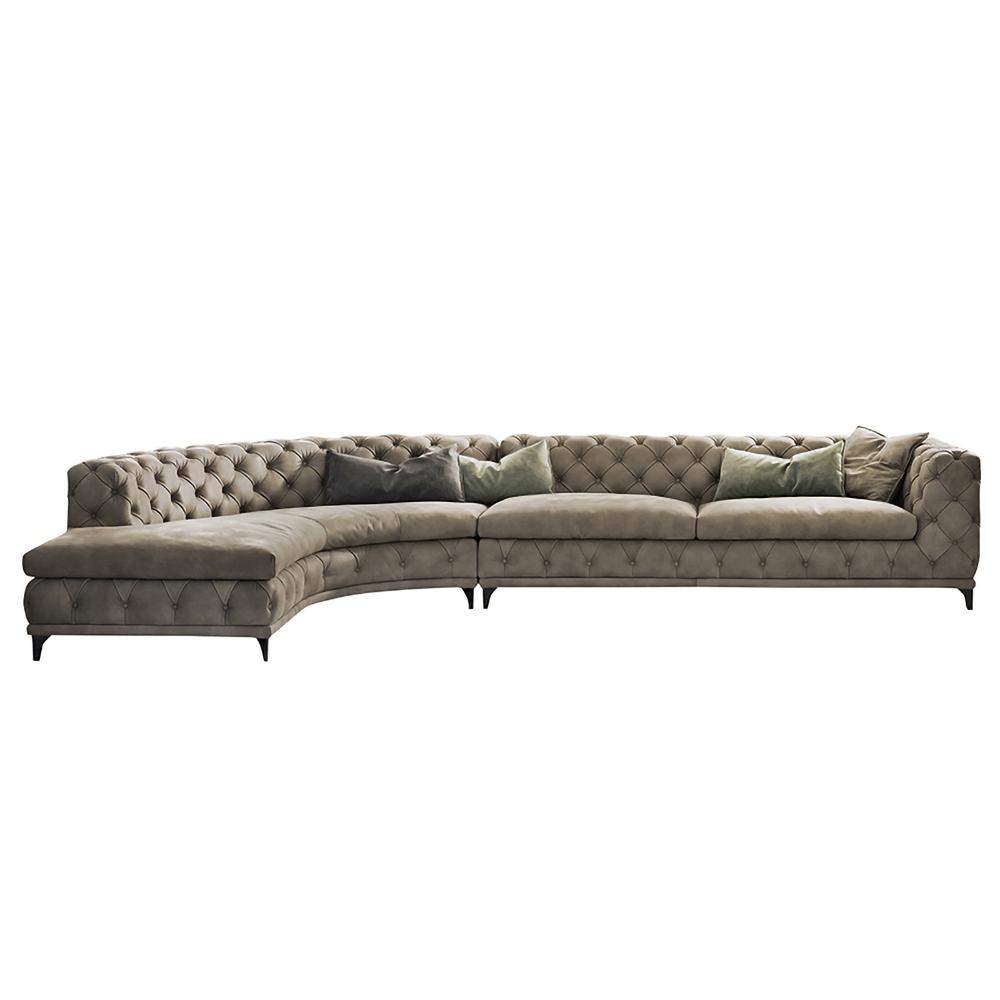 Curved Khaki Sectional Sofa Upholstered Velvet Chesterfield Sofa Stainless Steel Legs-Richsoul-Furniture,Living Room Furniture,Sectionals