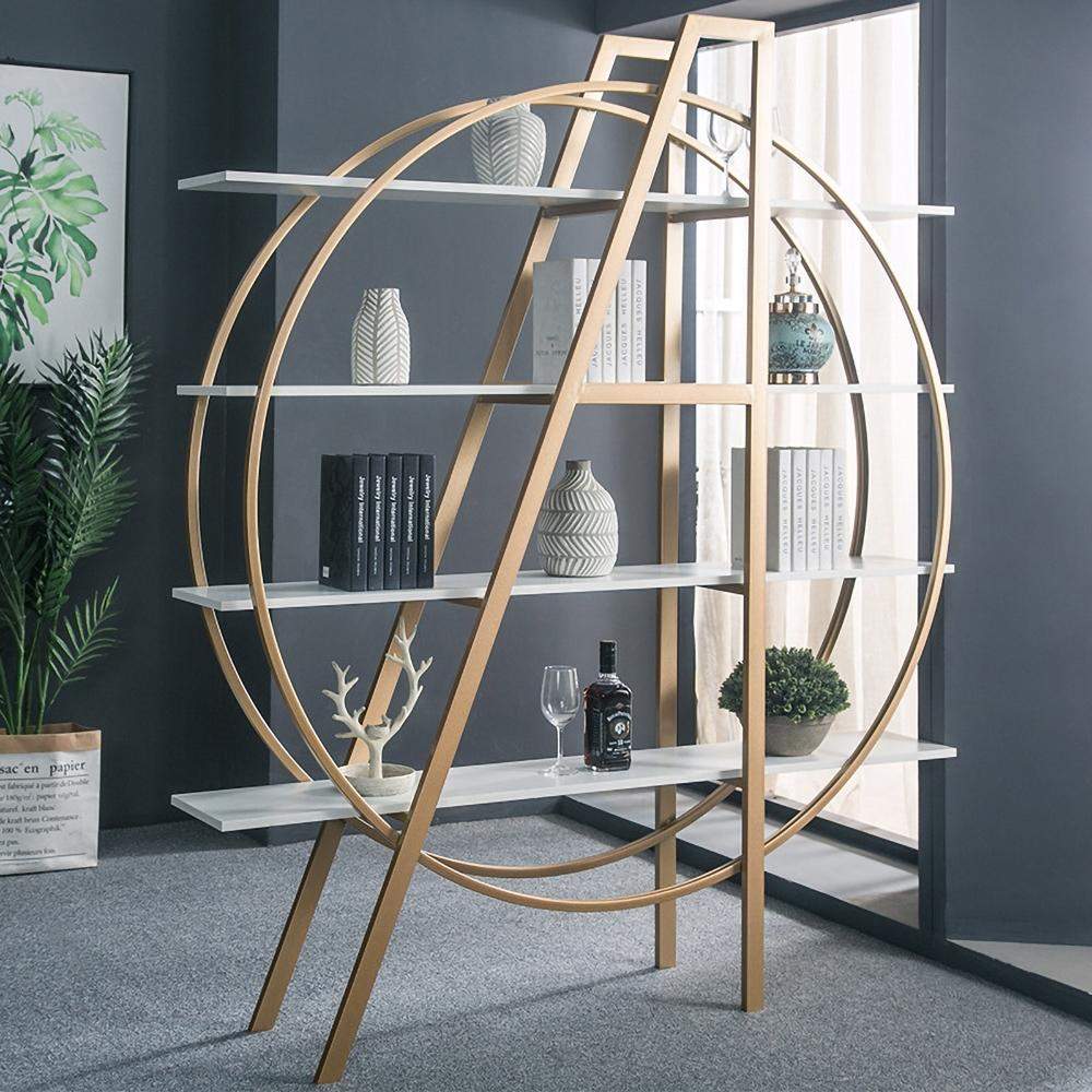 4-Tier Bookshelf Round Bookcase Modern Display Shelf in White & Gold-Bookcases & Bookshelves,Furniture,Office Furniture