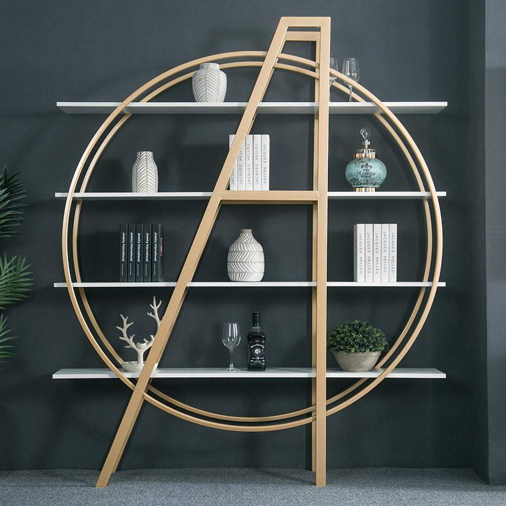 4-Tier Bookshelf Round Bookcase Modern Display Shelf in White & Gold-Bookcases & Bookshelves,Furniture,Office Furniture