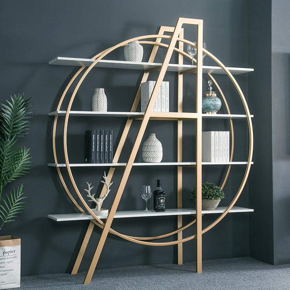 4-Tier Bookshelf Round Bookcase Modern Display Shelf in White & Gold-Bookcases & Bookshelves,Furniture,Office Furniture