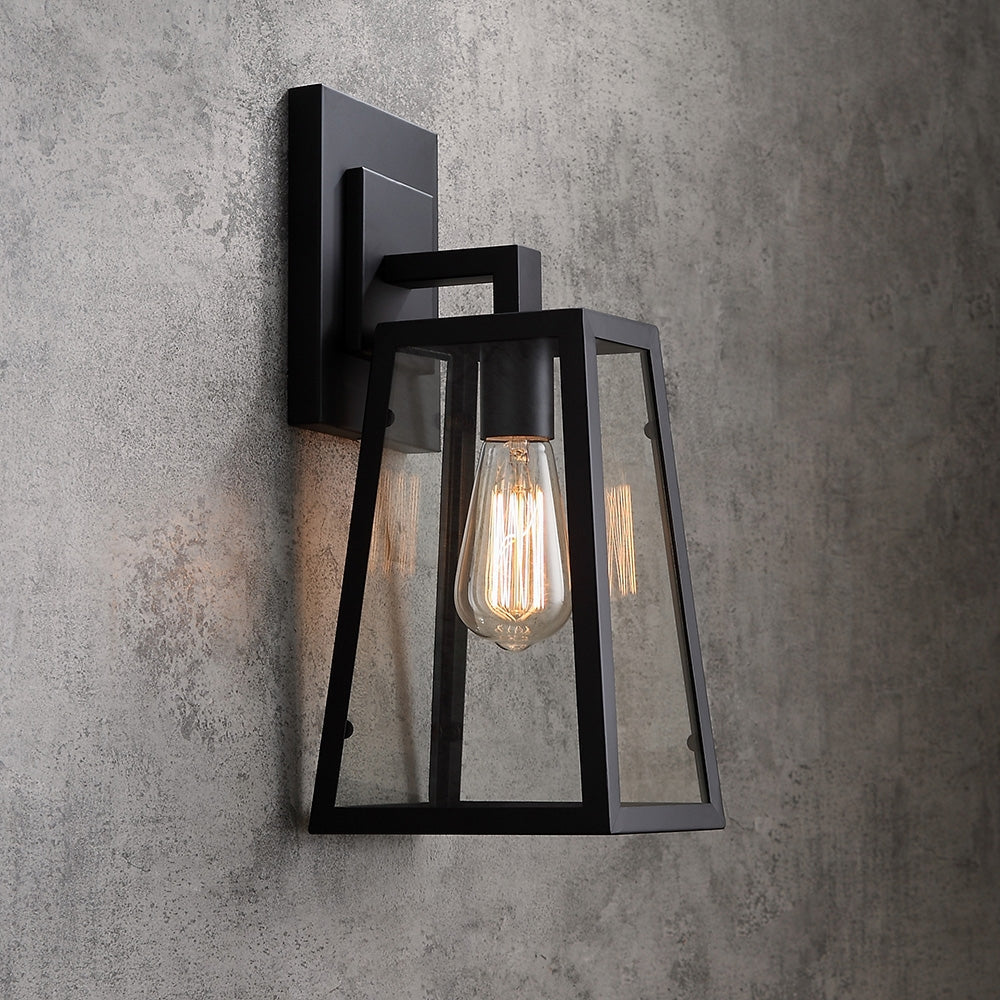 Retro Industrial Antique Matte Black Iron Lantern Outdoor Wall Sconce 1-Light with Clear Glass
