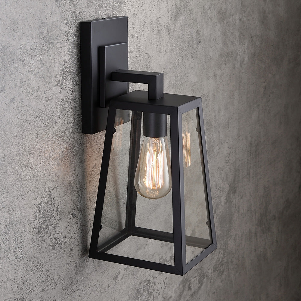 Retro Industrial Antique Matte Black Iron Lantern Outdoor Wall Sconce 1-Light with Clear Glass
