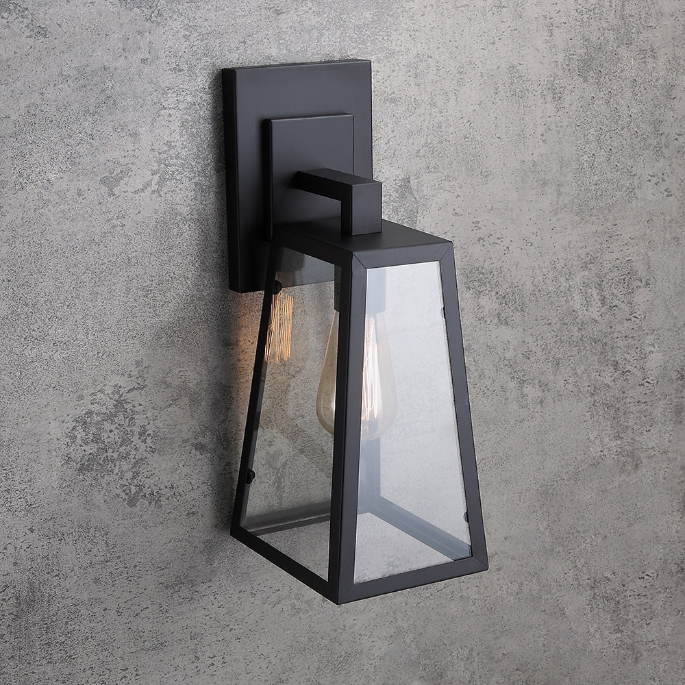 Retro Industrial Antique Matte Black Iron Lantern Outdoor Wall Sconce 1-Light with Clear Glass