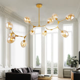 Modern Minimalist Tree Branch Amber Glass Globe Shade Adjustable 11-Light Large Pendant Light Metal in Gold