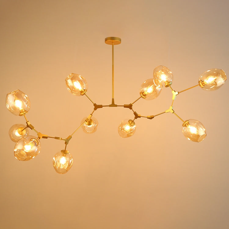 Modern Minimalist Tree Branch Amber Glass Globe Shade Adjustable 11-Light Large Pendant Light Metal in Gold