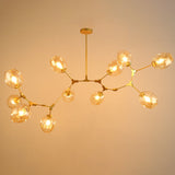 Modern Minimalist Tree Branch Amber Glass Globe Shade Adjustable 11-Light Large Pendant Light Metal in Gold