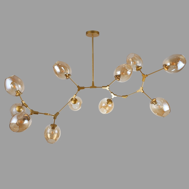 Modern Minimalist Tree Branch Amber Glass Globe Shade Adjustable 11-Light Large Pendant Light Metal in Gold