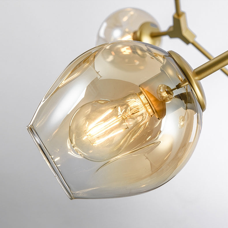 Modern Minimalist Tree Branch Amber Glass Globe Shade Adjustable 11-Light Large Pendant Light Metal in Gold