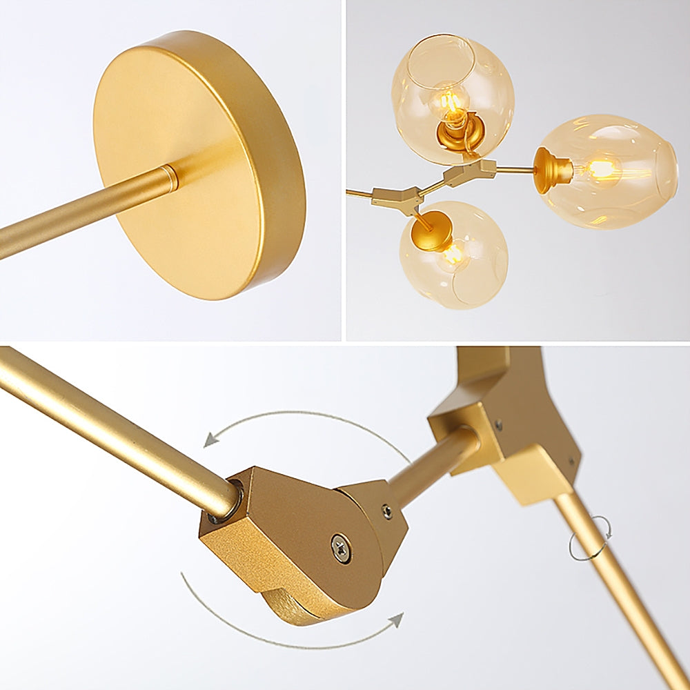 Modern Minimalist Tree Branch Amber Glass Globe Shade Adjustable 11-Light Large Pendant Light Metal in Gold