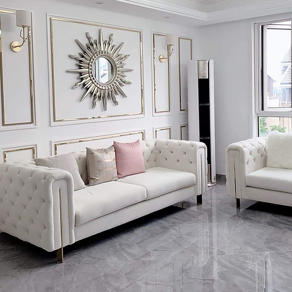 86.6" Modern Velvet Upholstered Sofa 2-Seater Sofa White Tufted Sofa-Furniture,Living Room Furniture,Sofas & Loveseats