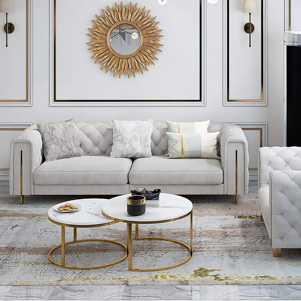 86.6" Modern Velvet Upholstered Sofa 2-Seater Sofa White Tufted Sofa-Furniture,Living Room Furniture,Sofas & Loveseats