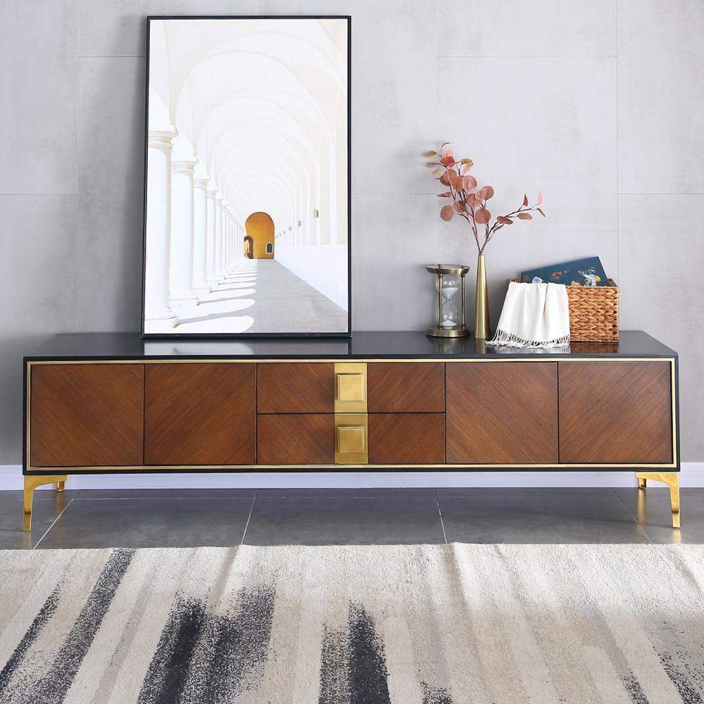 78" Modern Black & Walnut TV Stand Solid Wood Entertainment Center with 4 Doors & 2 Drawers-Furniture,Living Room Furniture,TV Stands