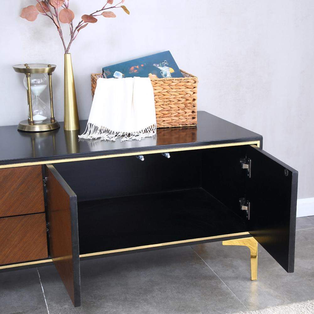 78" Modern Black & Walnut TV Stand Solid Wood Entertainment Center with 4 Doors & 2 Drawers-Furniture,Living Room Furniture,TV Stands