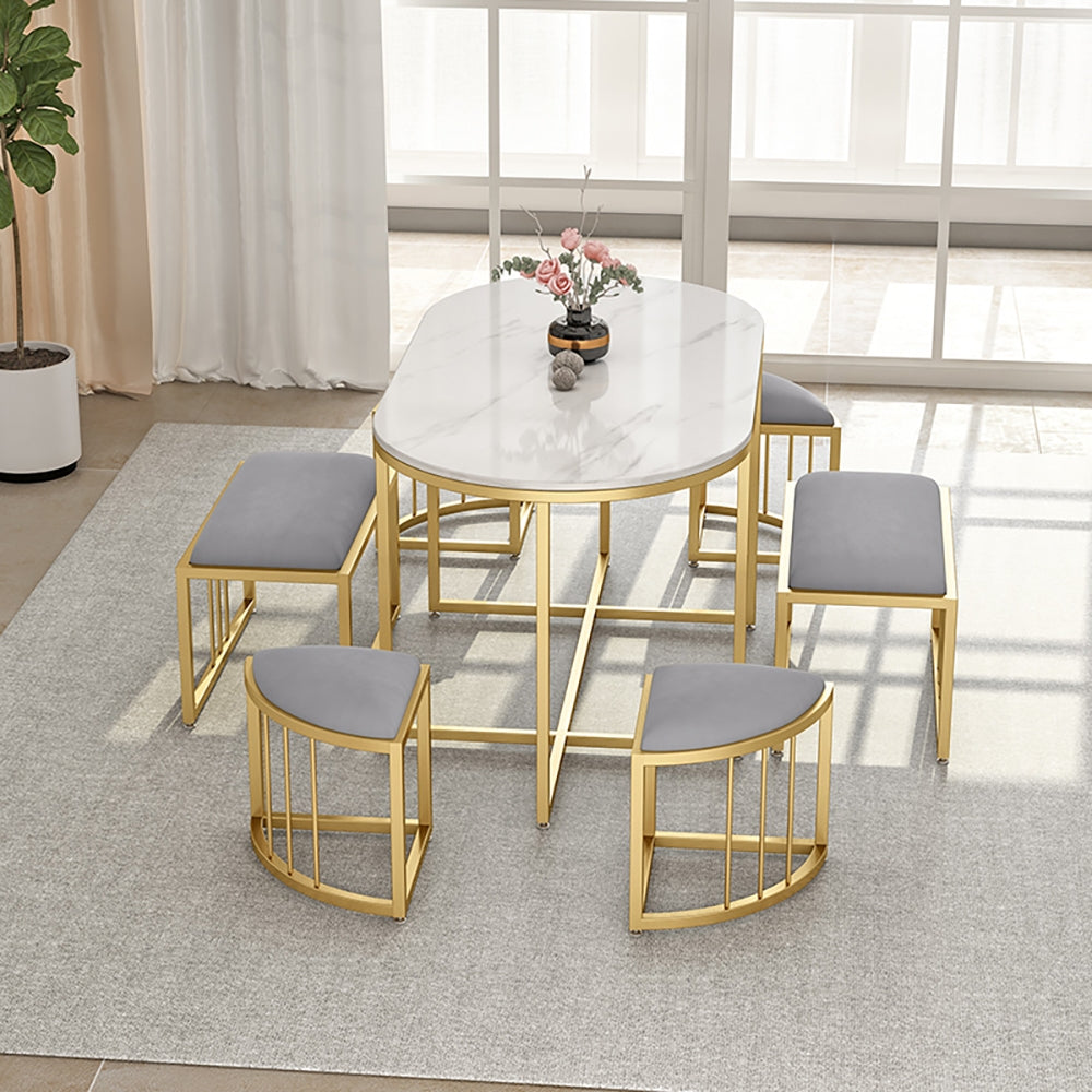 Modern White Oval Dining Table with Stools Faux Marble Top & Metal Frame
