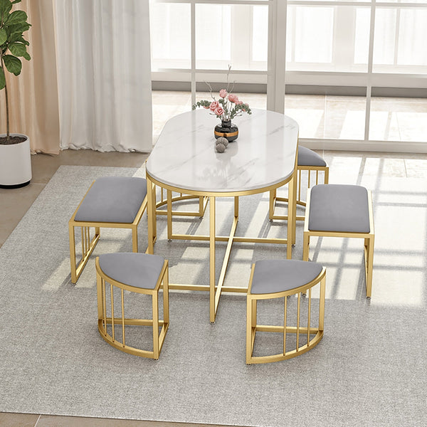 Modern White Oval Dining Table with Stools Faux Marble Top & Metal Fra