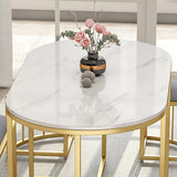 Modern White Oval Dining Table with Stools Faux Marble Top & Metal Frame