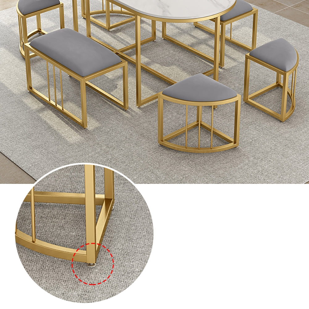 Modern White Oval Dining Table with Stools Faux Marble Top & Metal Frame