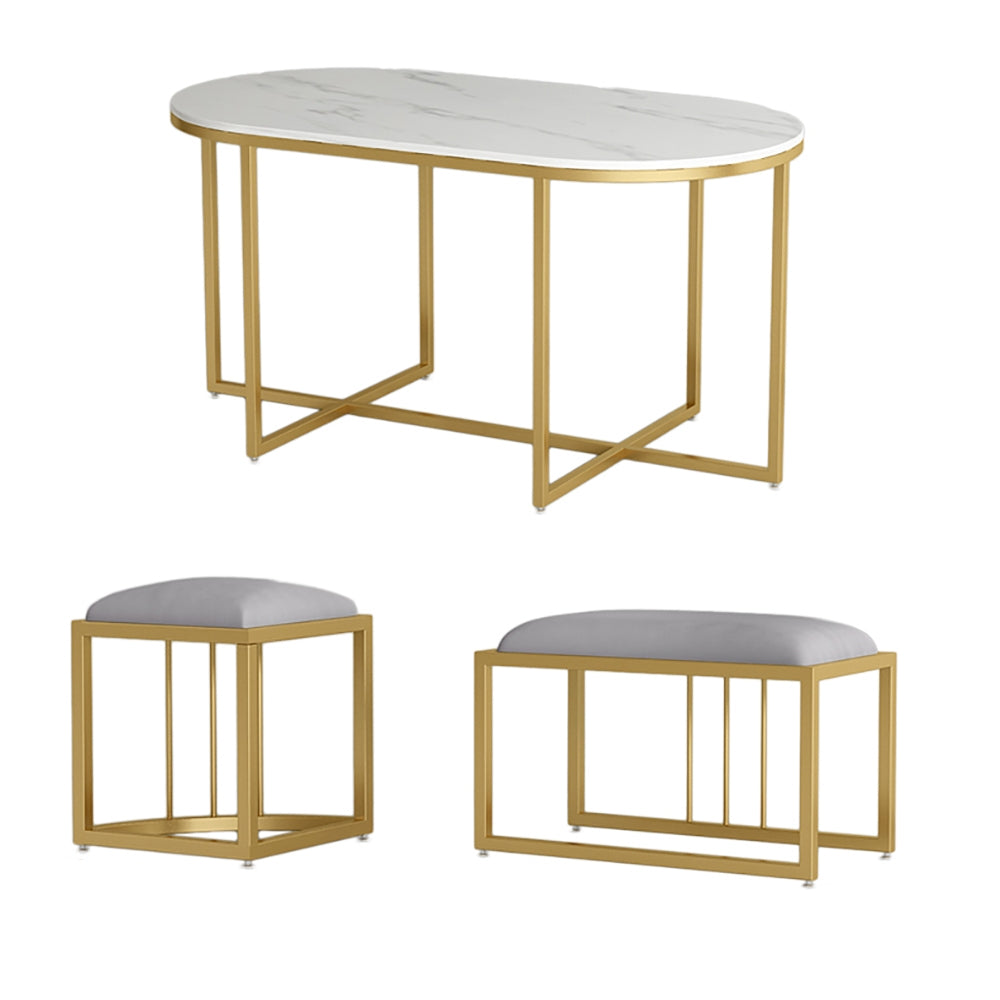Modern White Oval Dining Table with Stools Faux Marble Top & Metal Frame