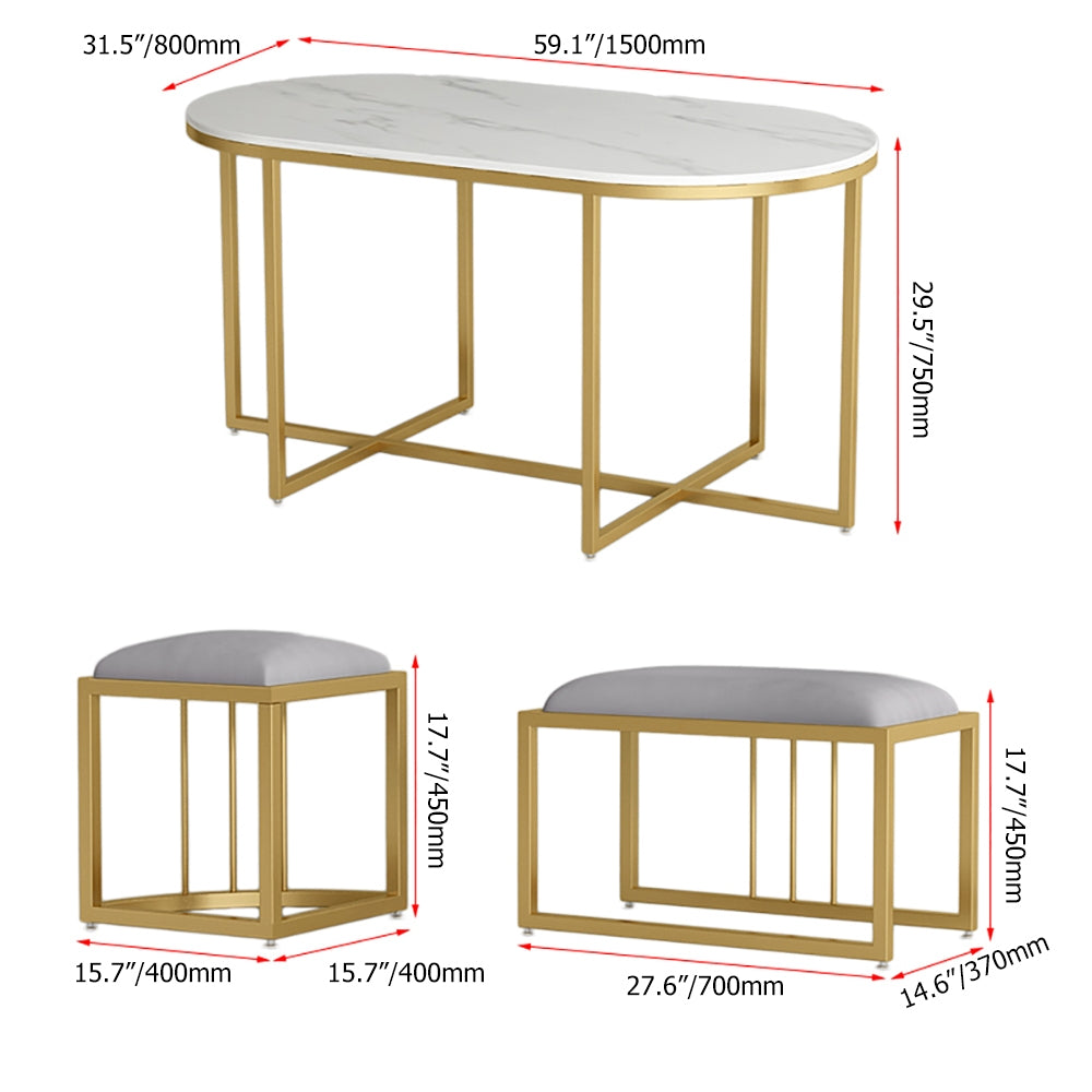 Modern White Oval Dining Table with Stools Faux Marble Top & Metal Frame